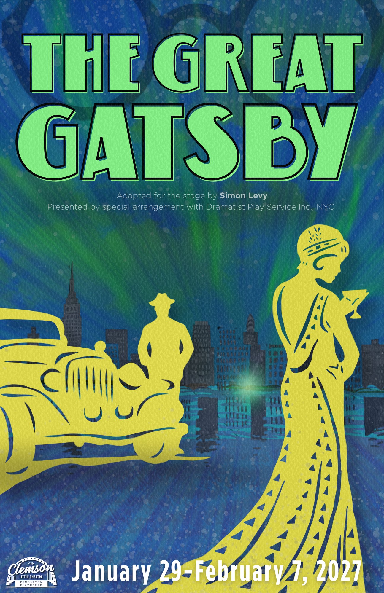 The Great Gatsby poster — adapted for the stage by Simon Levy, Clemson Little Theatre, January 29 – February 7, 2027